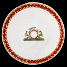John Derian Small Dogs Coat of Arms Plate, set of 6 by Astier de Villatte, B2B view on black background