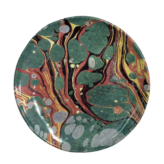 Marbre Dessert Plate, Green, Red and Yellow, John Derian, handmade ceramic by Astier de Villatte