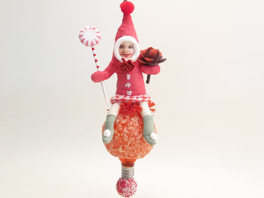Red Popcorn Ball Elf Ornament | Vintage by Crystal Spun Cotton Ornament