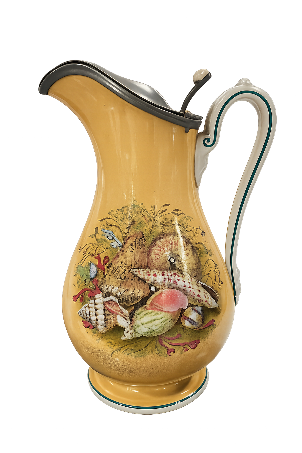 Antique Faience Pitcher with Pewter Lid Marine Motif, late 19th century