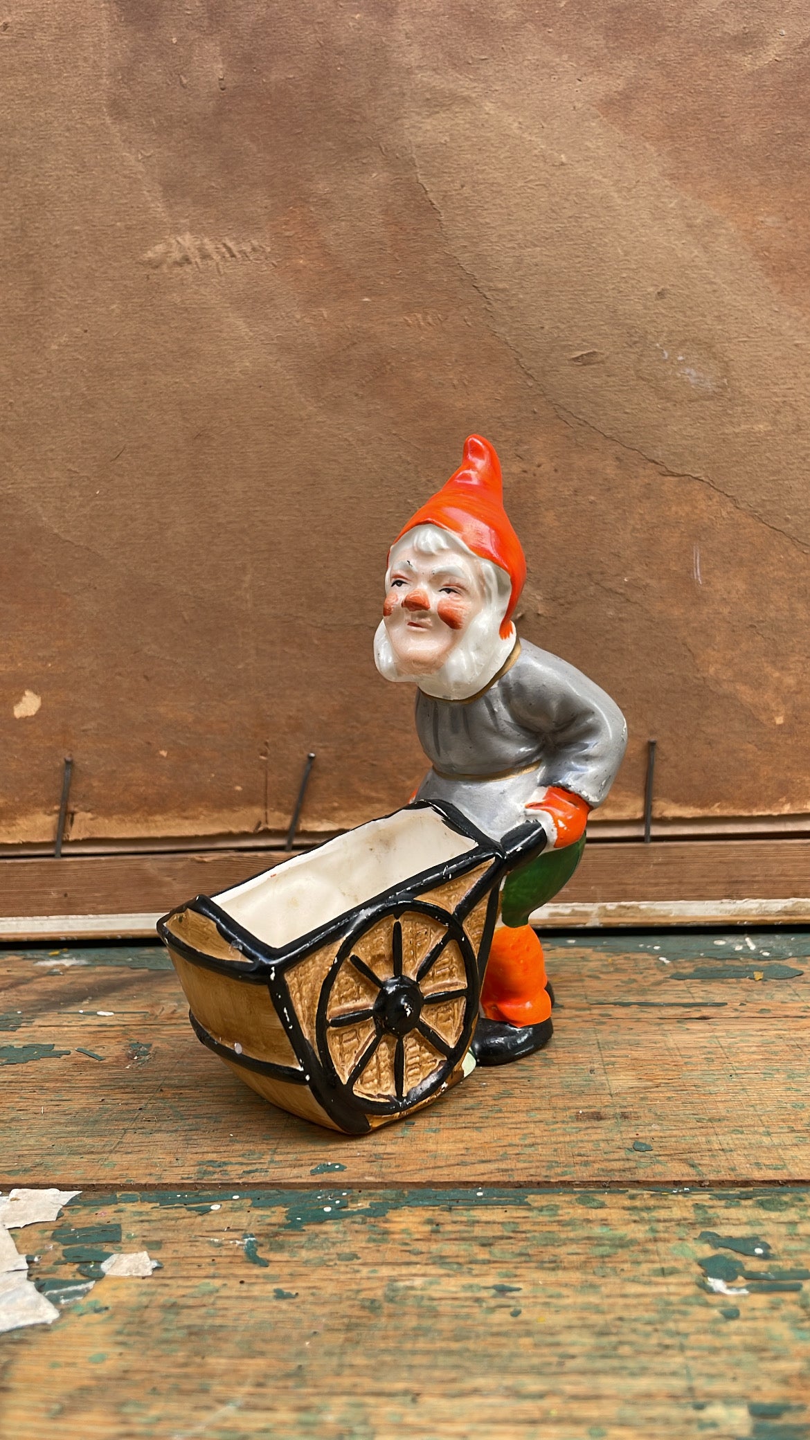 Vintage Scandinavian Tomte with Wheelbarrow — Hand-Painted Ceramic Julfigur Planter