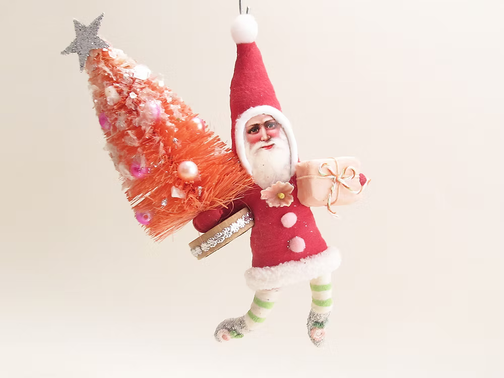 Big Tree Santa Ornament | Vintage by Crystal Spun Cotton Ornament