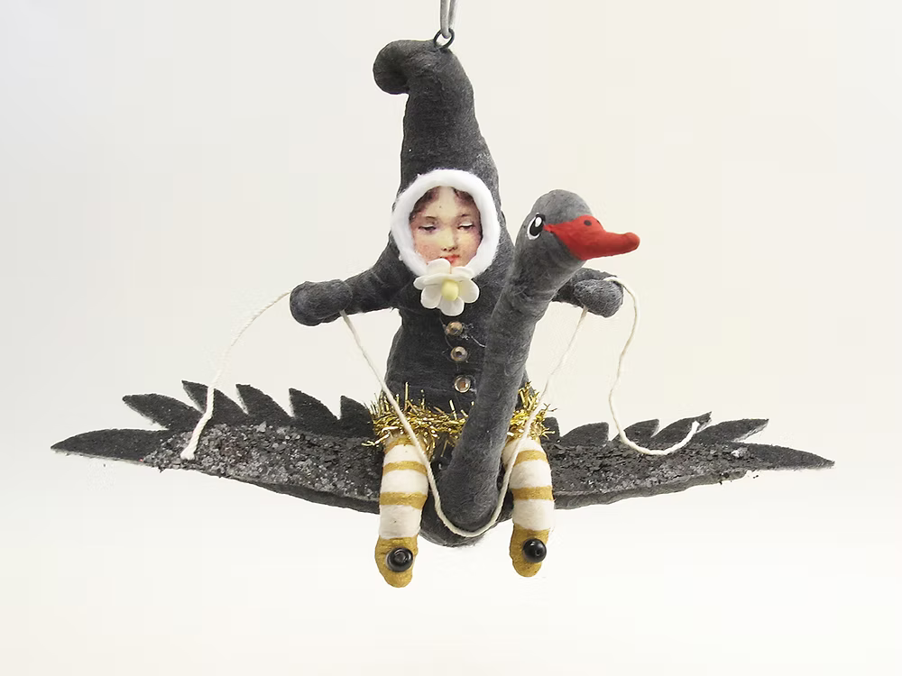 Black Swan Rider Elf Ornament | Vintage by Crystal Spun Cotton Ornament