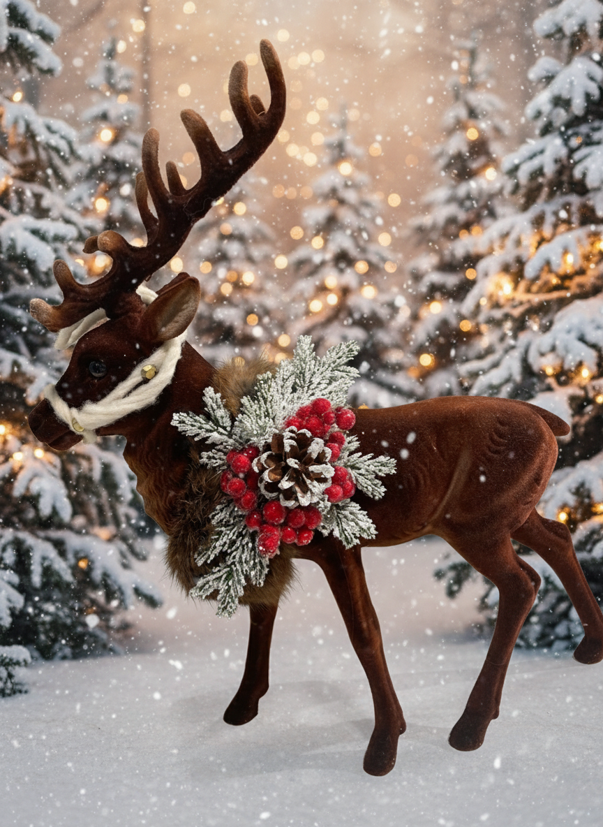 Brown Reindeer Flocked With Antlers Fur, Reins, and Christmas Deco | Ino Schaller
