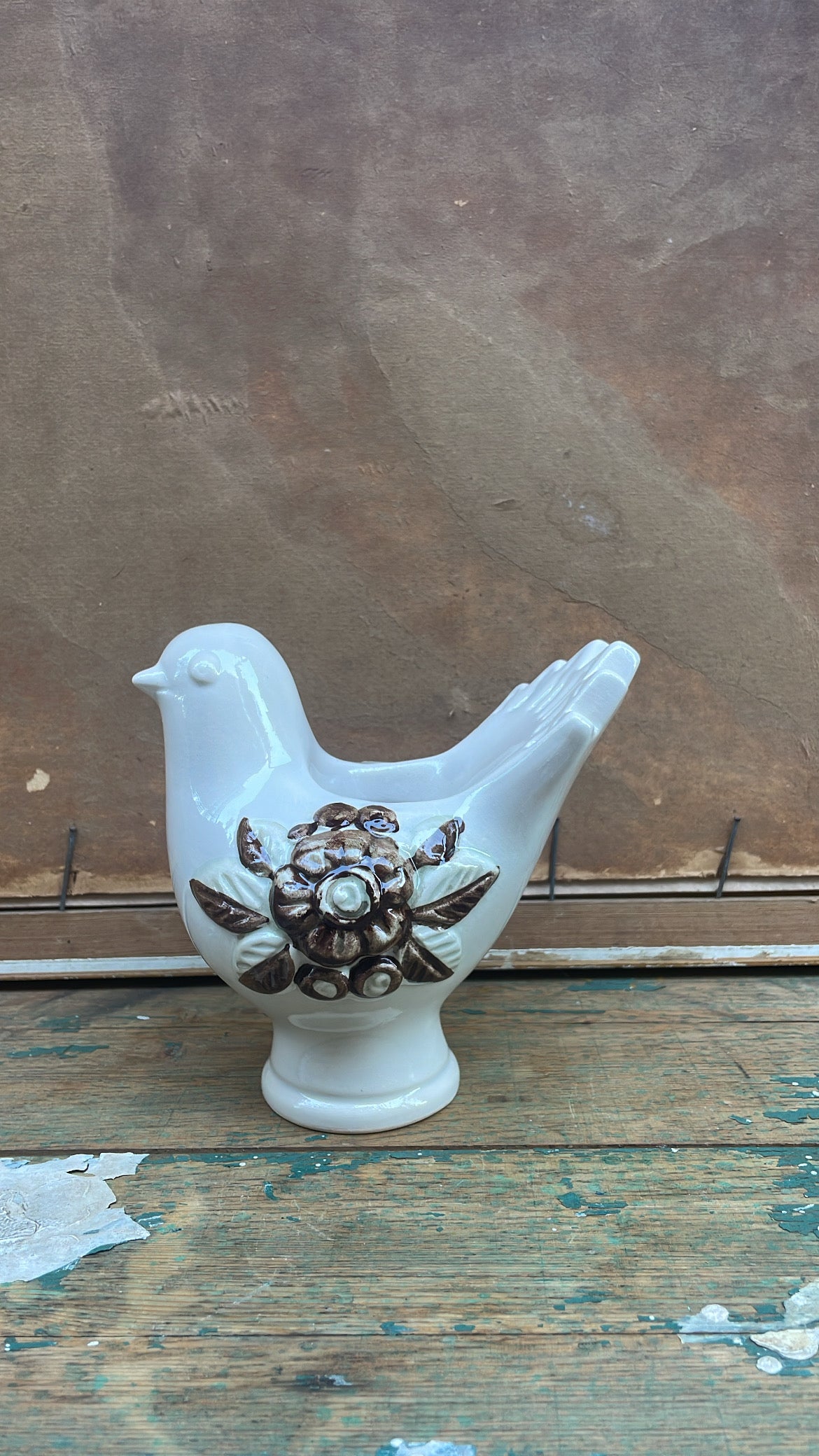 Vintage Rosa Ljung Ceramic Bird with Neutral Floral Relief