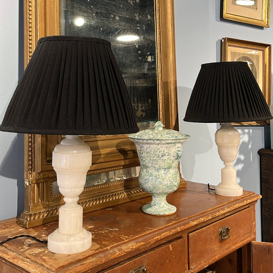 Pair of Alabaster Table Lamps with Shades, Mid 20th Century