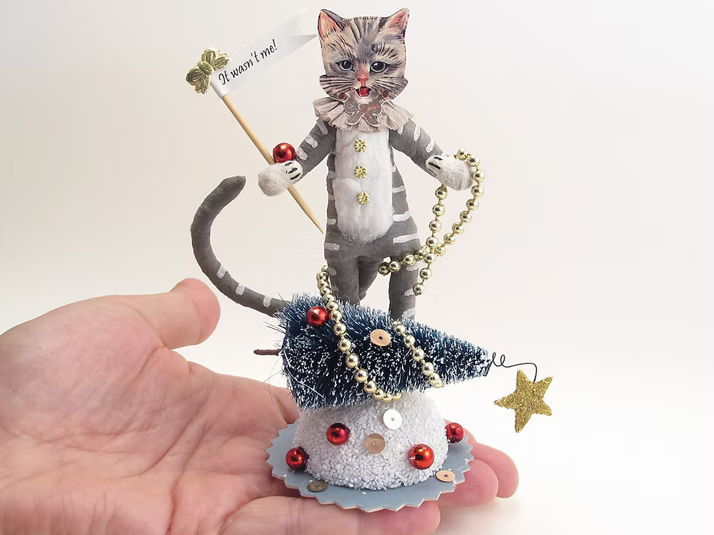 Christmas "Cat-astrophe" Figure | Vintage by Crystal Spun Cotton Ornament