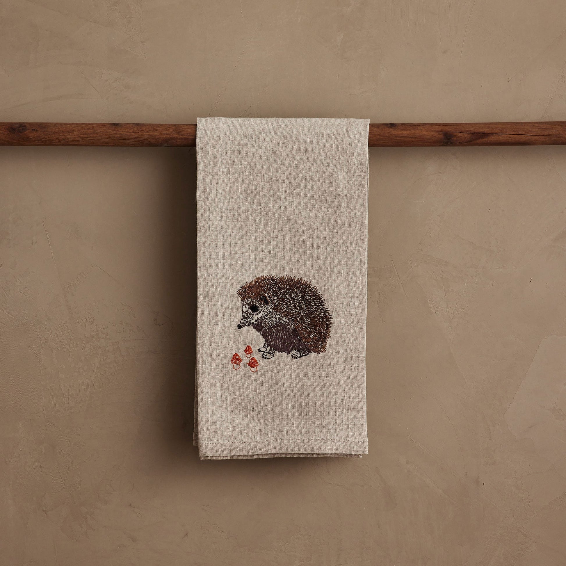 Hedgehog with Mushrooms Tea Towel by Coral & Tusk, embroidered detail