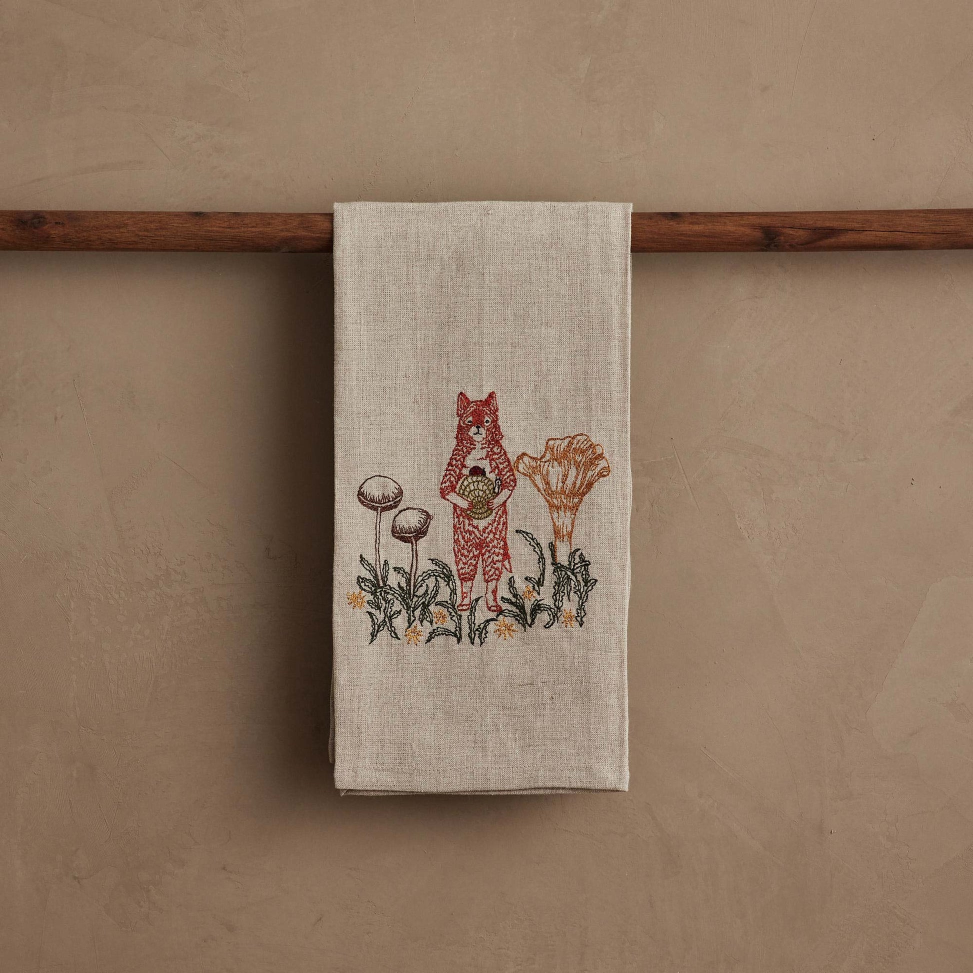 Fox with Mushrooms Tea Towel by Coral & Tusk, lifestyle view