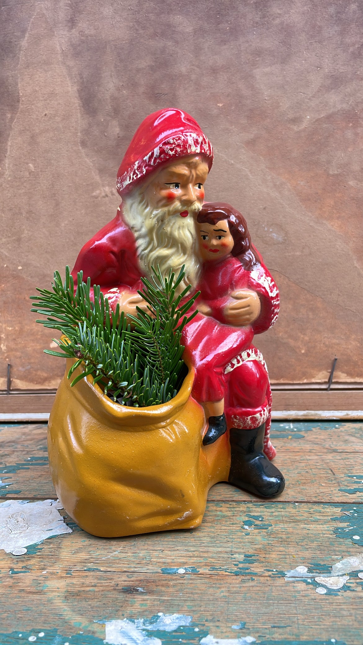 Vintage Scandinavian Santa with Child — Hand-Painted Ceramic Julfigur Candy Dish