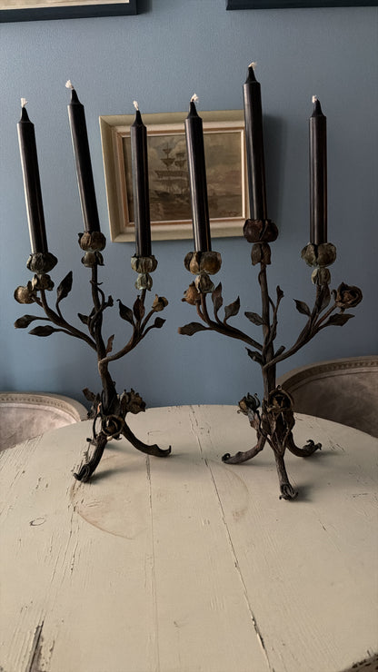 19th Century French Wrought Iron Rose Candlesticks, Pair