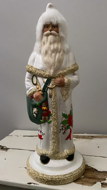 Santa no. 3 - Brilliant White with Gold Beaded Trim, Sack of Toys and Hand Painted Coat | Ino Schaller