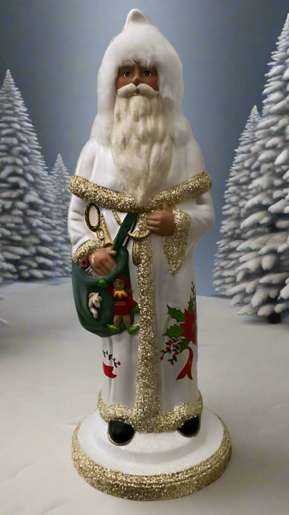 Santa no. 3 - Brilliant White with Gold Beaded Trim, Sack of Toys and Hand Painted Coat | Ino Schaller