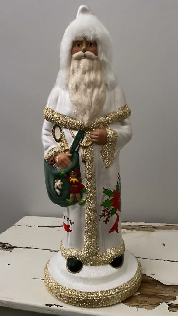 Santa no. 3 - Brilliant White with Gold Beaded Trim, Sack of Toys and Hand Painted Coat - Ino Schaller