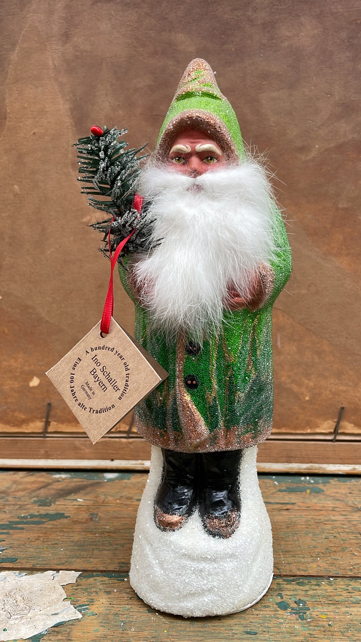 Faded Green Beaded Santa with Copper Trim & Fur Beard | Ino Schaller