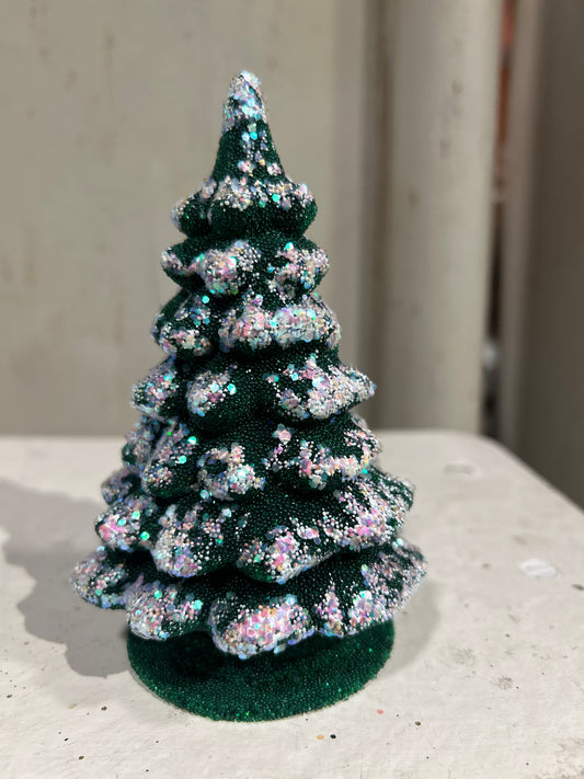 Small Green with Frost Christmas Tree  - Beaded Papier Mâché  | Ino Schaller
