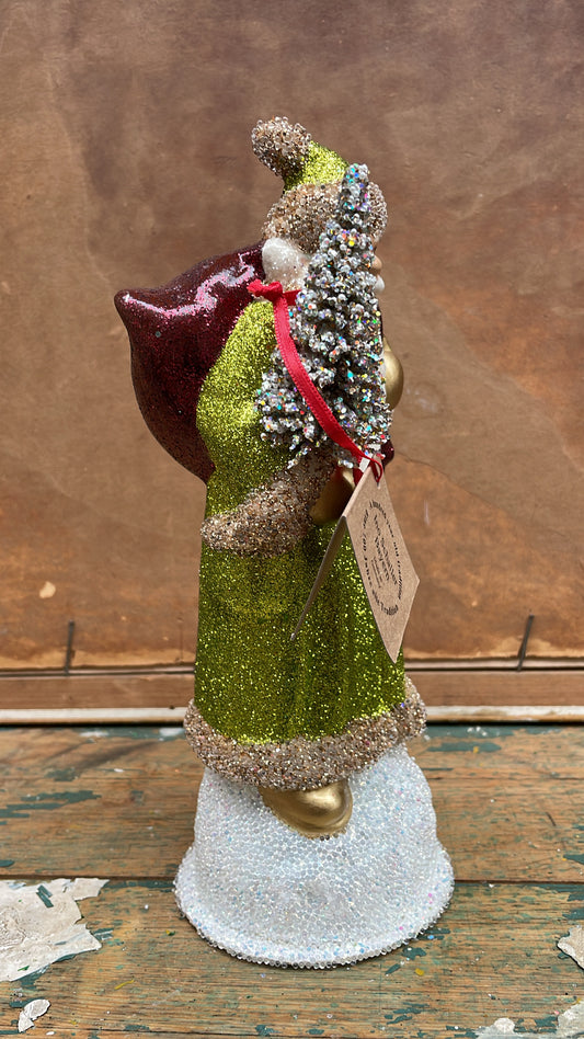 Lime Green Brilliant Glitter Santa, Golden Edge Beaded | Ino Schaller