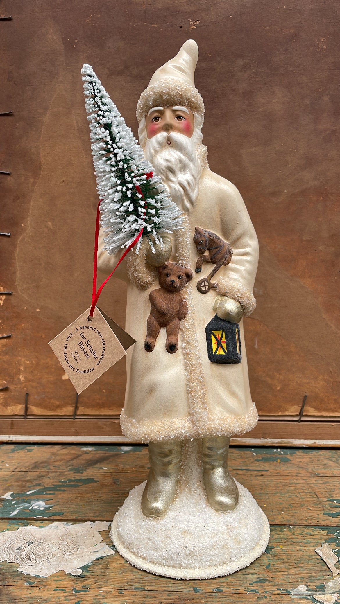 Cream Santa with Bear & Lantern, Cream Trim | Ino Schaller