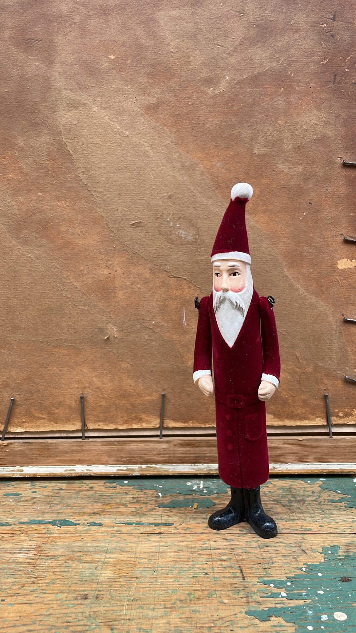 Vintage Flocked Metal Santa with Moving Arms | Scandinavian Mid-Century Christmas Figure