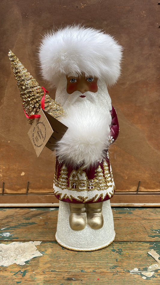 Red Wine Santa with Tree and Village  Scene and Small Daisy Motif | Ino Schaller