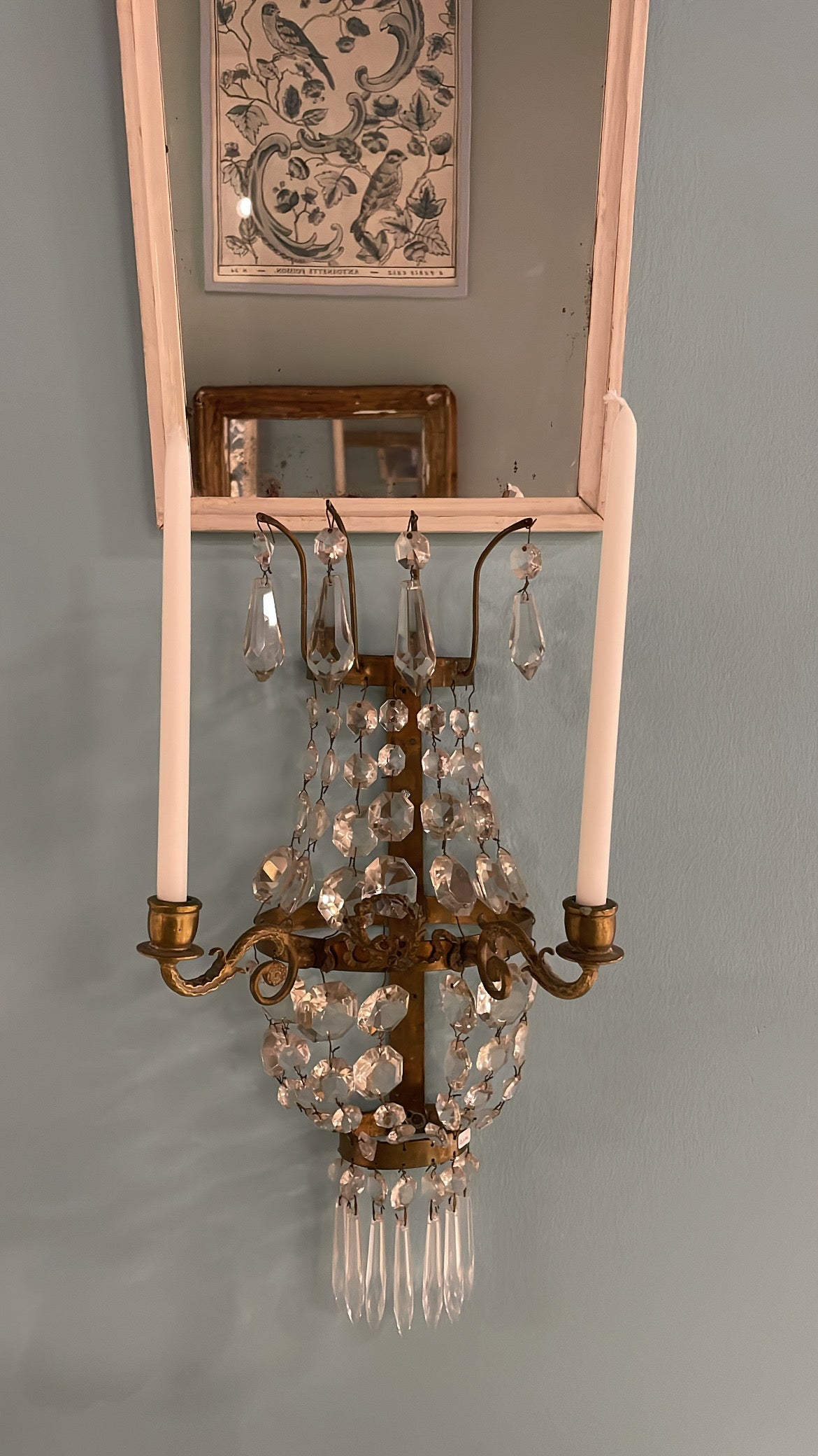 Pair of Antique Swedish Brass Wall Sconces with Crystal and Bow Detail