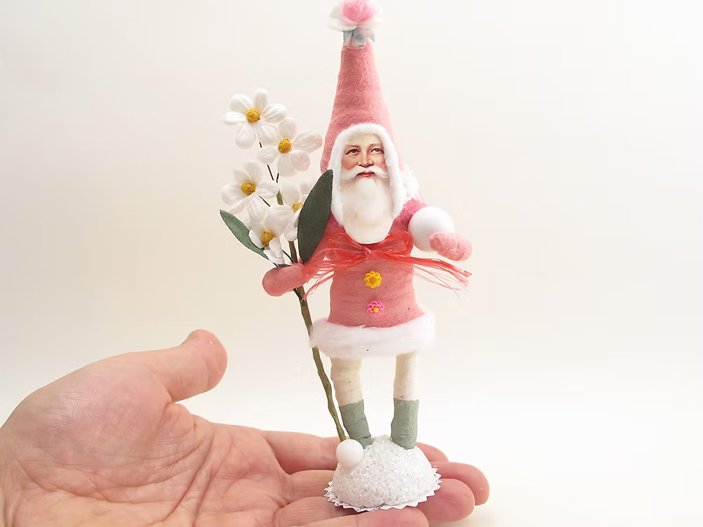 Fabulous Pink Santa Figure | Vintage by Crystal Spun Cotton Ornament