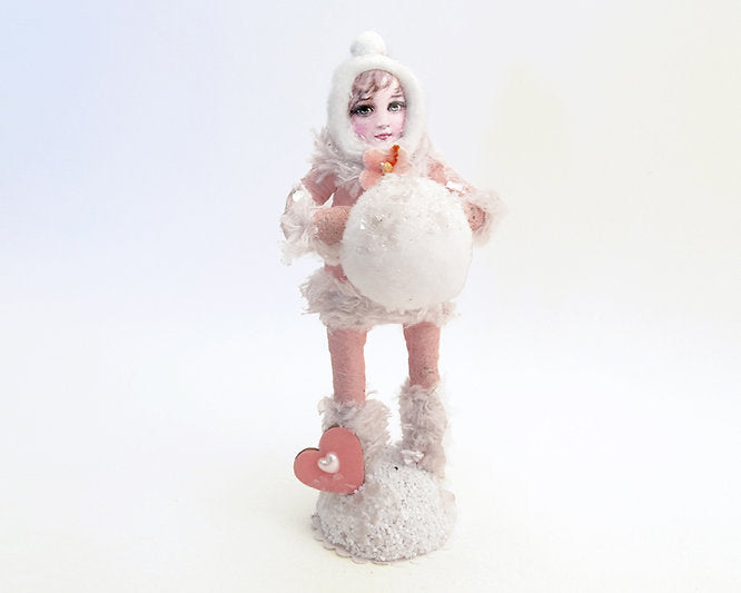 Fuzzy Warm Girl W/ Snowball Figure | Vintage by Crystal Spun Cotton Ornament | Vintage by Crystal Spun Cotton Ornament