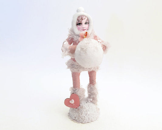Fuzzy Warm Girl W/ Snowball Figure | Vintage by Crystal Spun Cotton Ornament | Vintage by Crystal Spun Cotton Ornament
