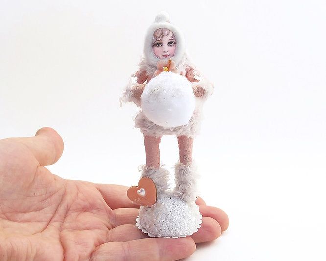 Fuzzy Warm Girl W/ Snowball Figure | Vintage by Crystal Spun Cotton Ornament | Vintage by Crystal Spun Cotton Ornament