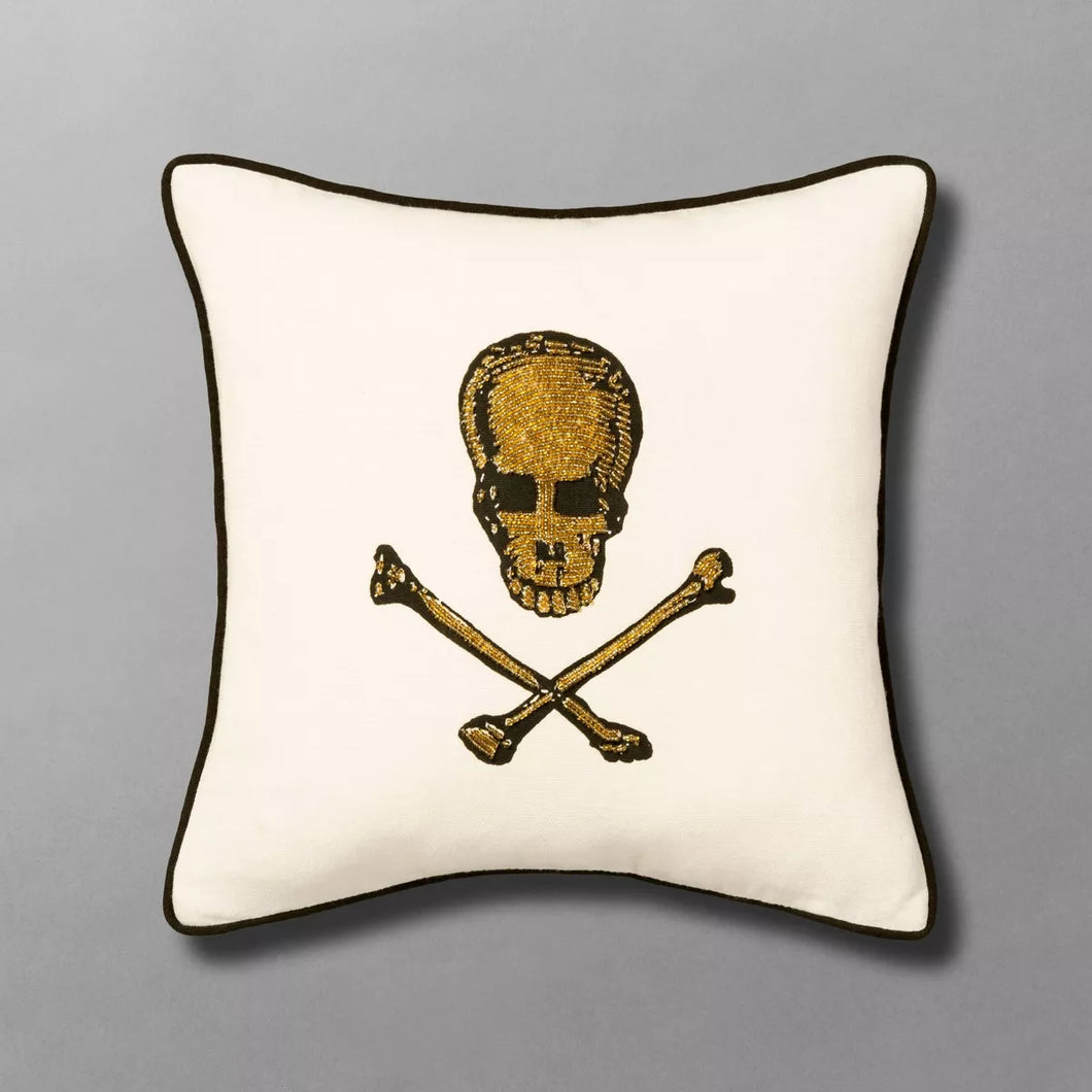 Beaded Skull and Crossbones Square Throw Pillow - John Derian Company