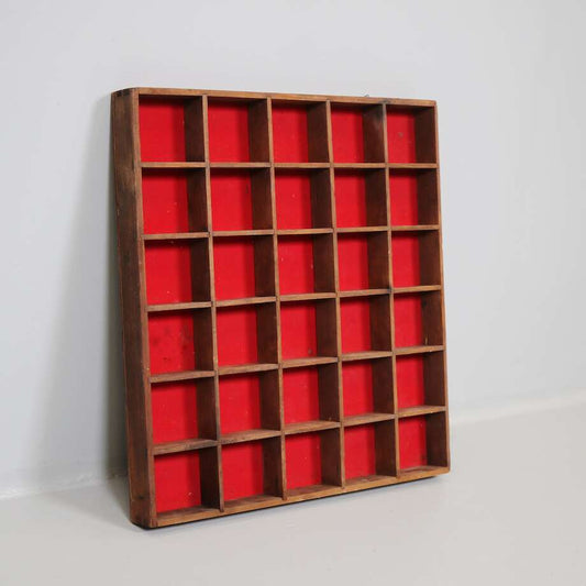 Vintage Wooden Gadget Shelf with Red Backing, 57 × 60 cm – Display Cabinet for Miniatures & Curiosities
