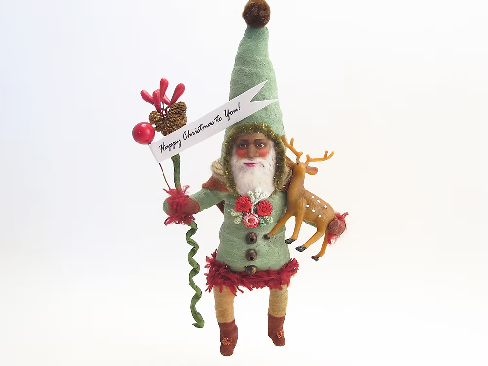 Green Forest Santa Ornament | Vintage by Crystal Spun Cotton Ornament