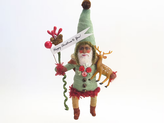 Green Forest Santa Ornament | Vintage by Crystal Spun Cotton Ornament