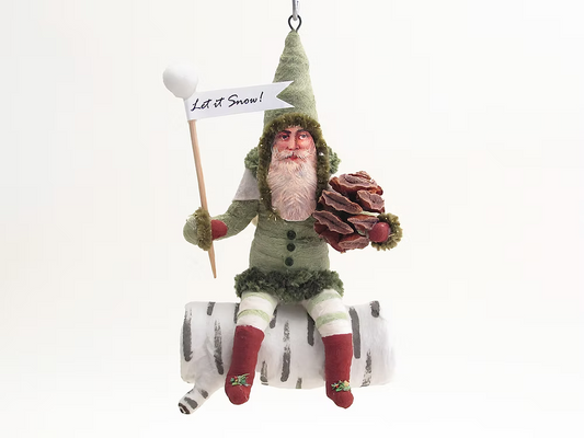 Green Santa On Birch Log Ornament | Vintage by Crystal Spun Cotton Ornament