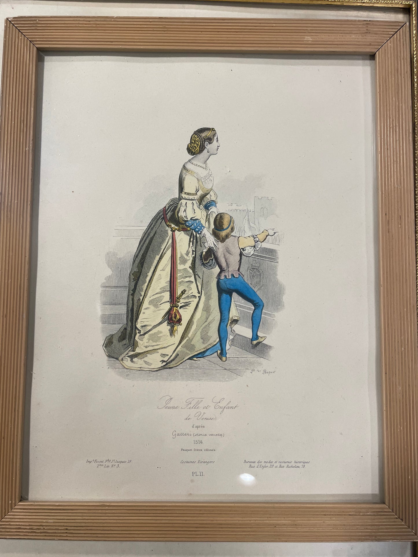 Antique French Costume Print — Jeune Fille et Enfant de Venise (Framed)