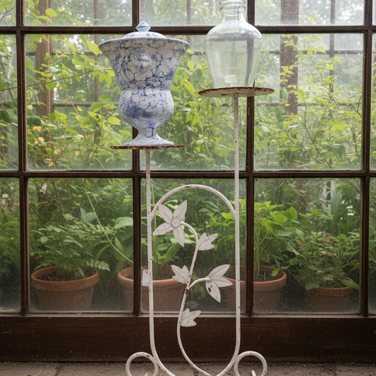 Vintage Wrought Iron Plant Stand with Floral Motif, White Painted Finish