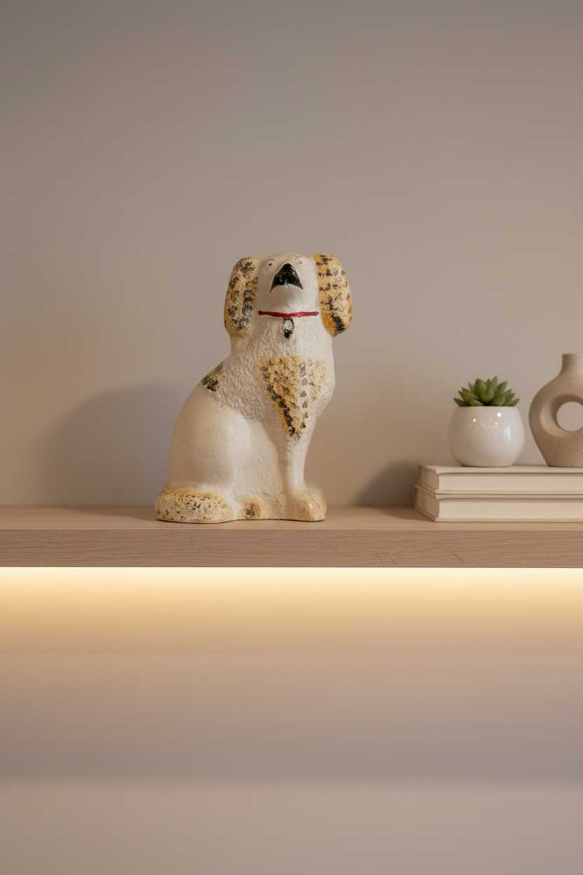 Decorative stone dog sculpture in a store setting