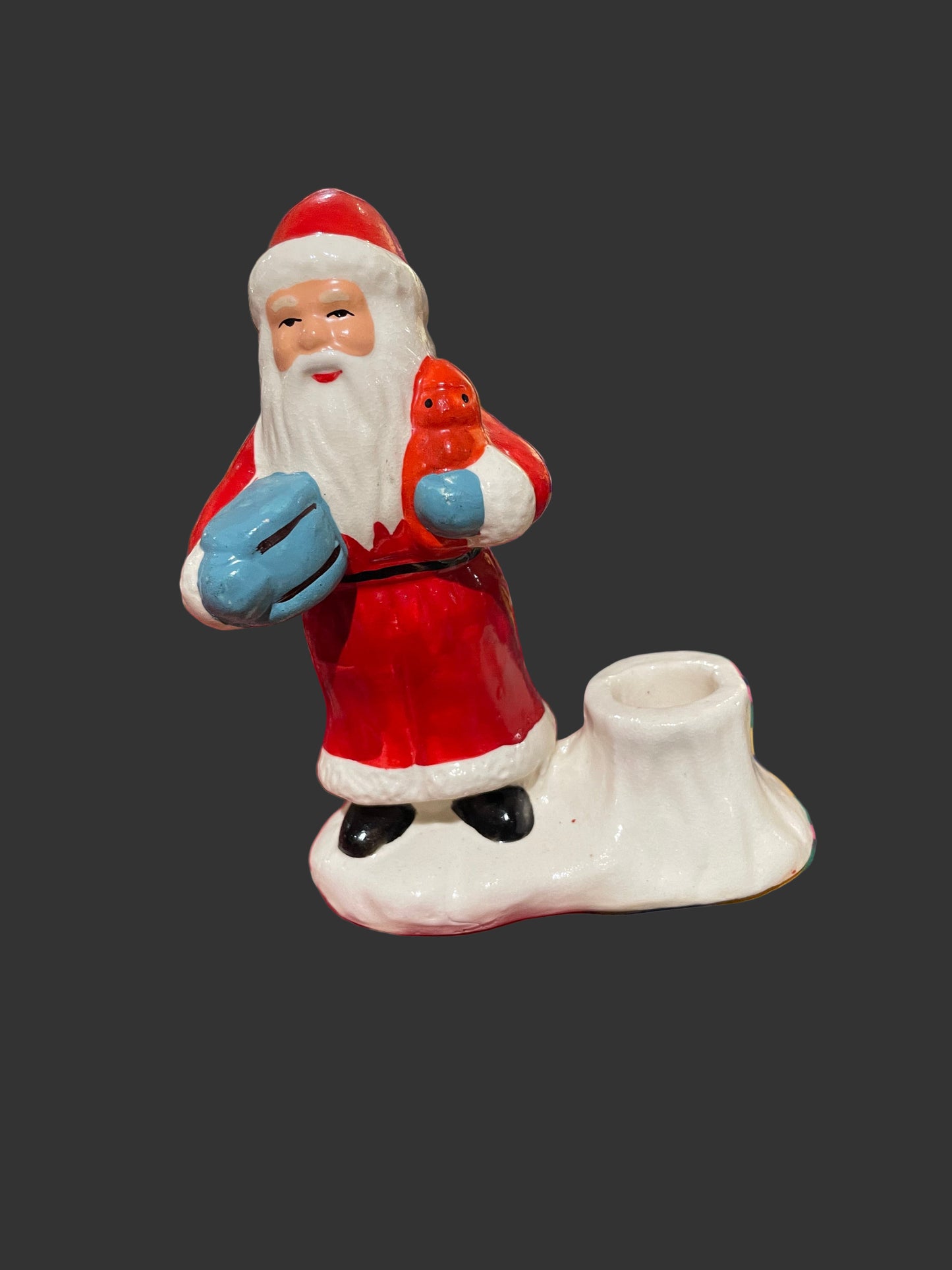 Vintage Ceramic Santa Nisse Candle Holder with Cardinal, Scandinavian