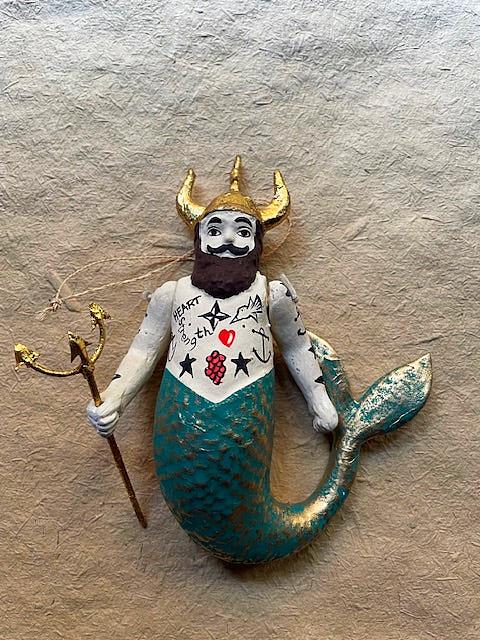 Poseidon Merman Paper Mache Ornament