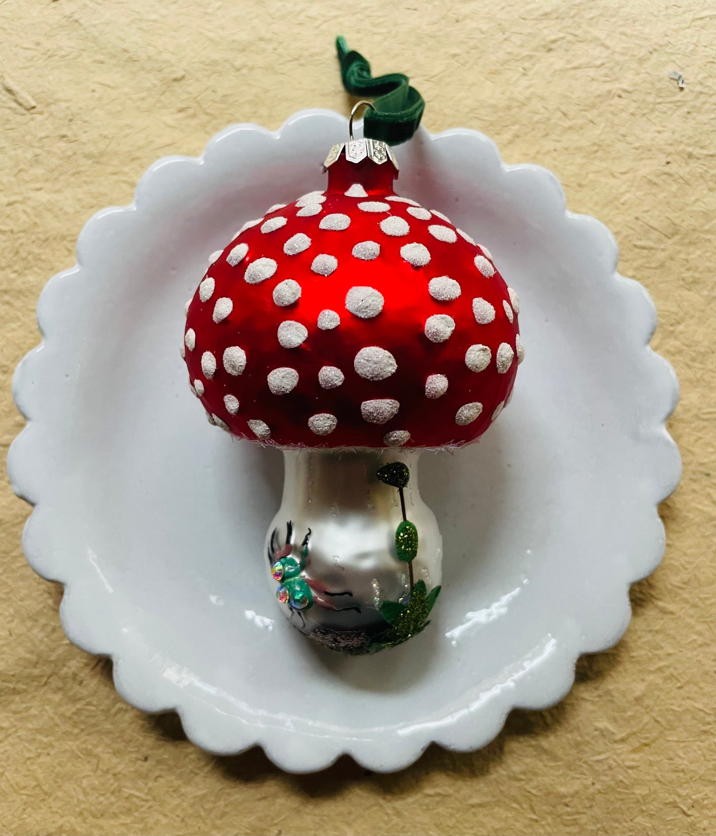 Amanita Muscaria Mushroom with Beetle Glass Ornament