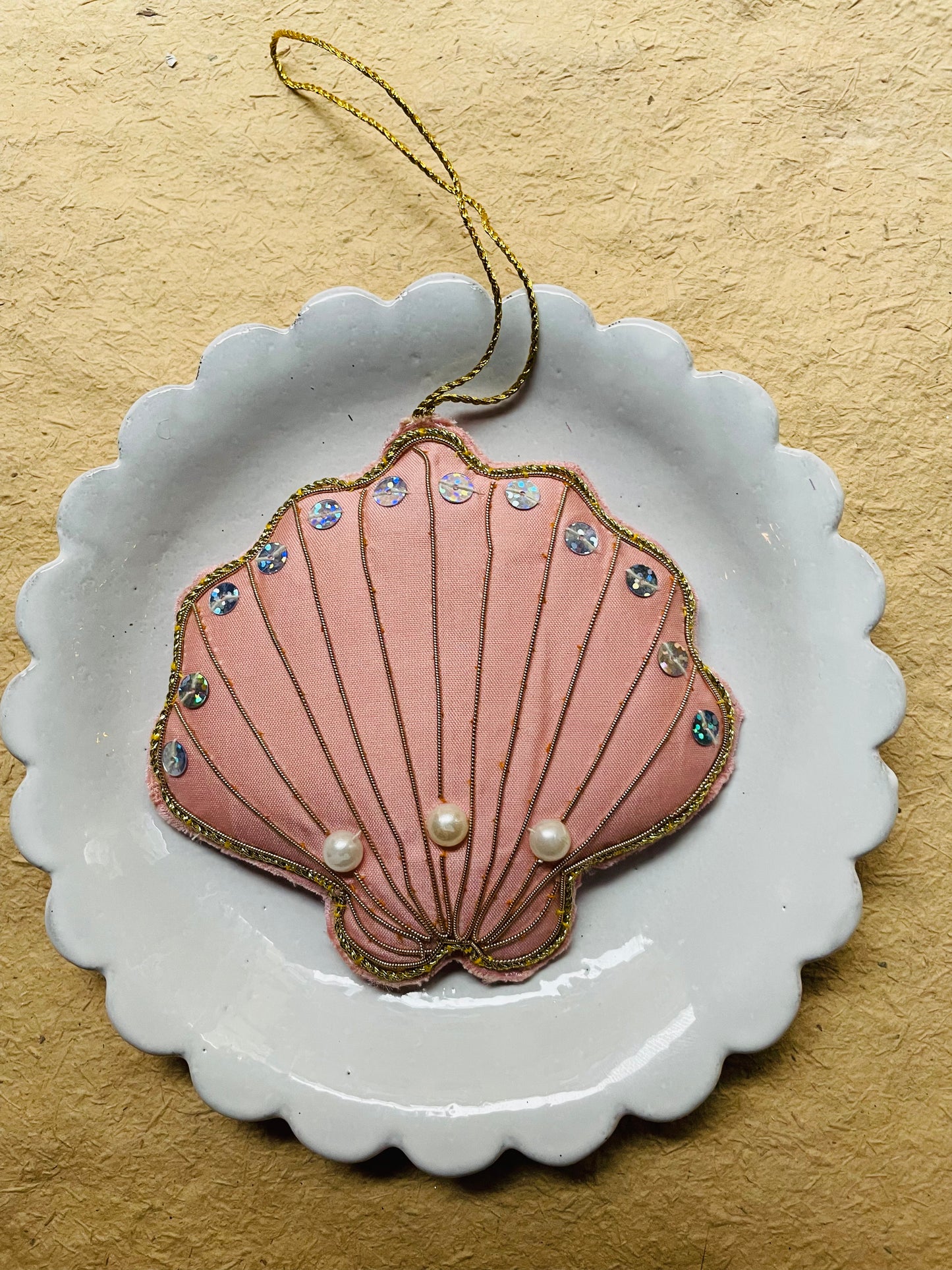 Pink Tinsel Scallop Shell Kantha Ornament