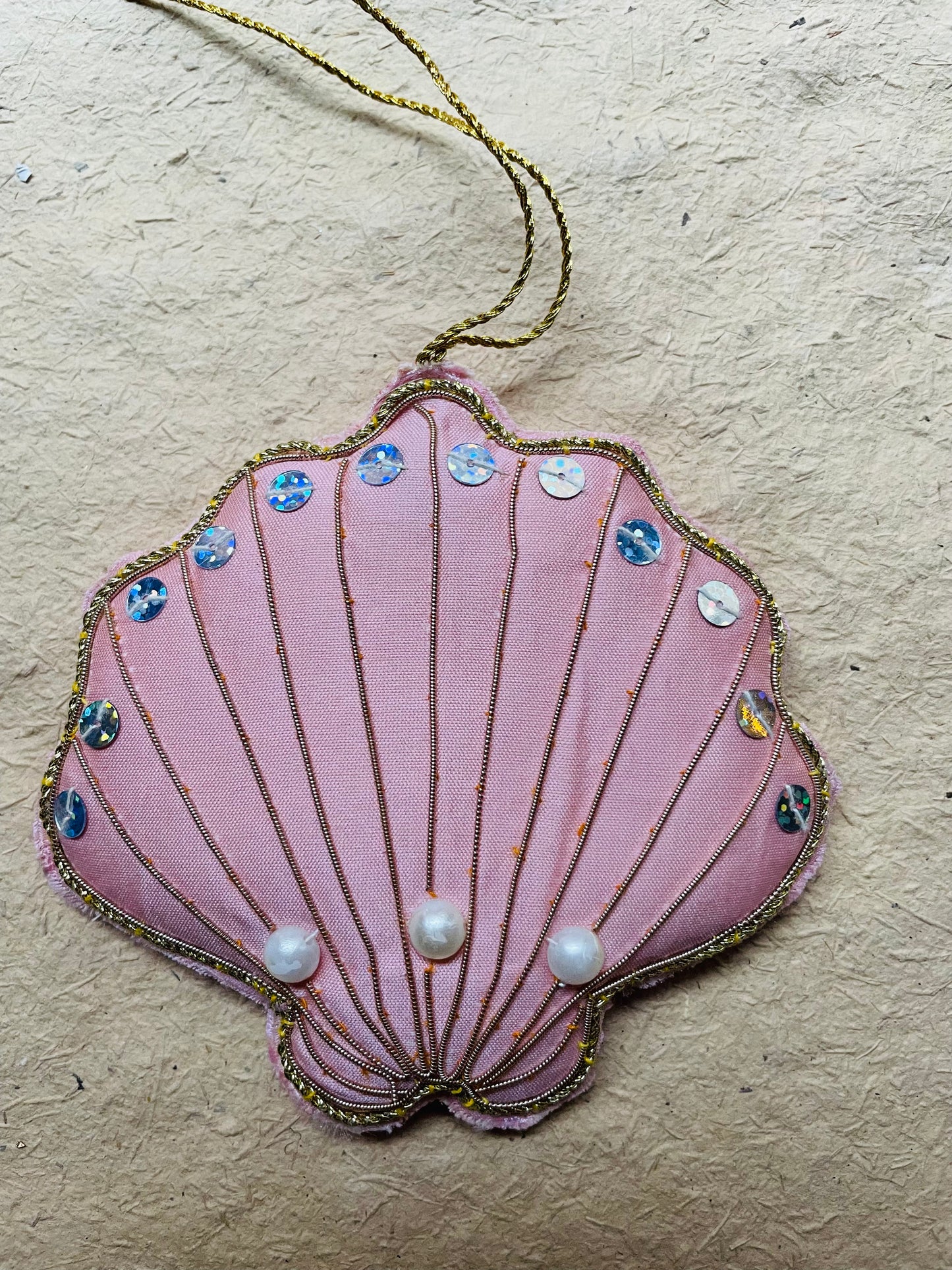 Pink Tinsel Scallop Shell Kantha Ornament