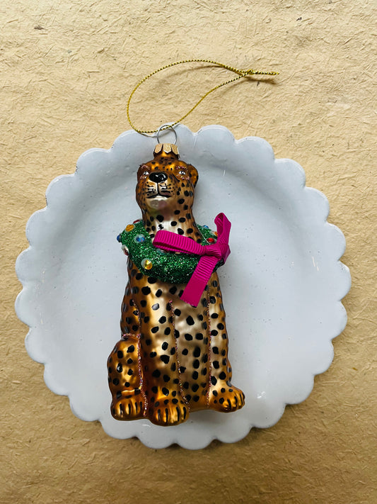 Merry Making Leopard Glass Christmas Ornament