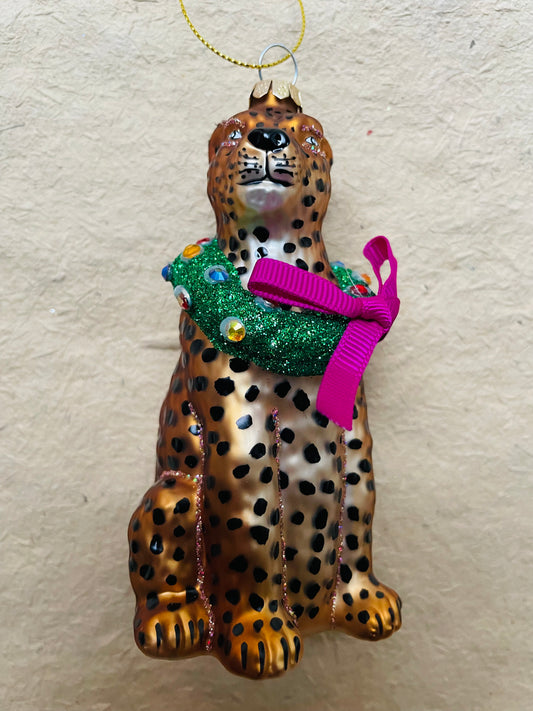 Merry Making Leopard Glass Christmas Ornament