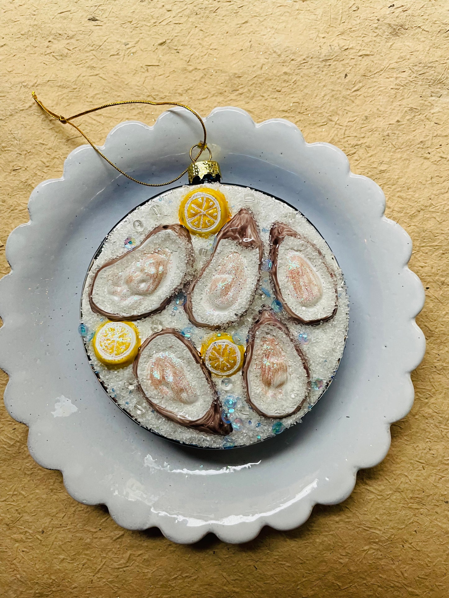 Plated Oysters on Ice Ornament – Blue Glass Christmas Decoration