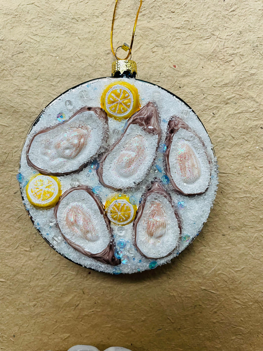 Plated Oysters on Ice Ornament – Blue Glass Christmas Decoration