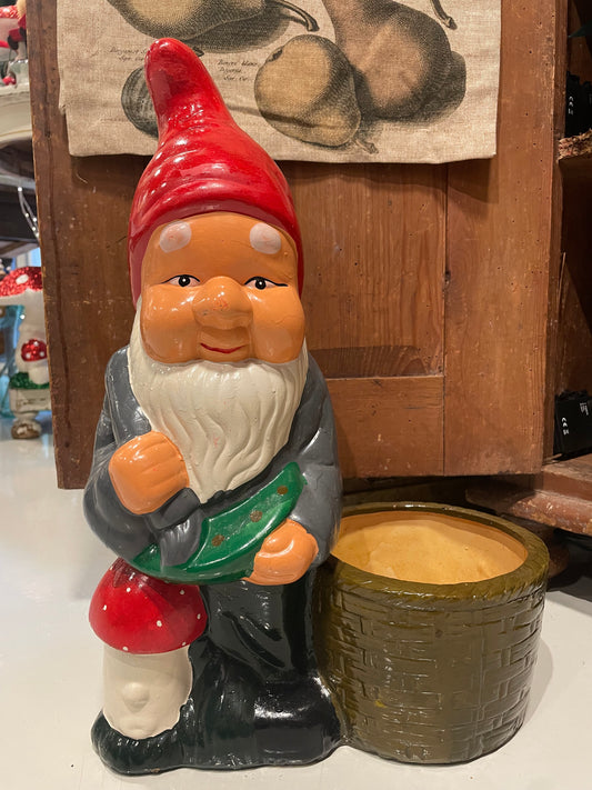 Large Scandinavian Nisse Planter with Mushroom — Vintage 1950s Resin Figurine