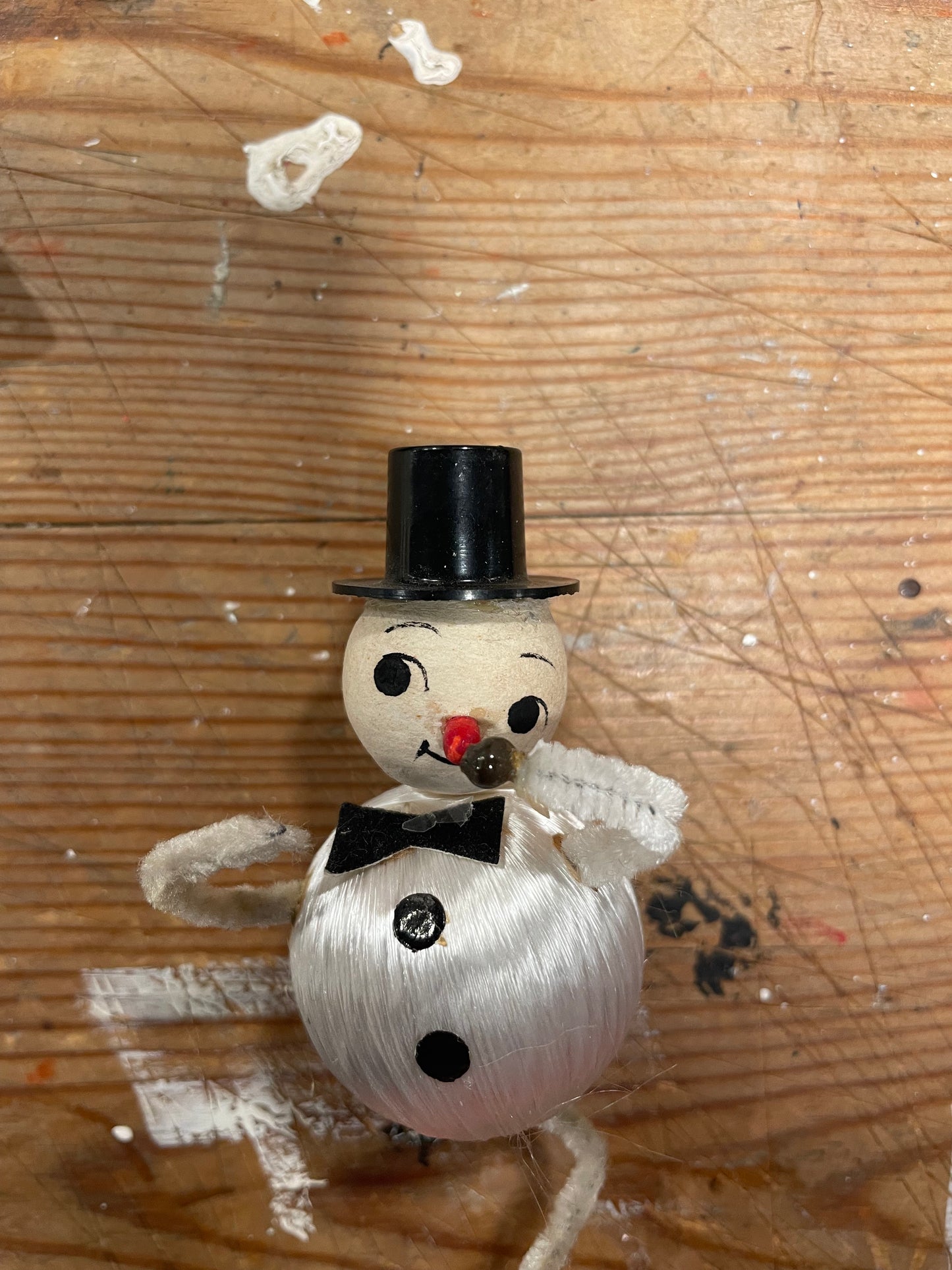 Original Vintage Japan Snowman Christmas Ornament – Silk Thread Body with Pipe Cleaner Arms