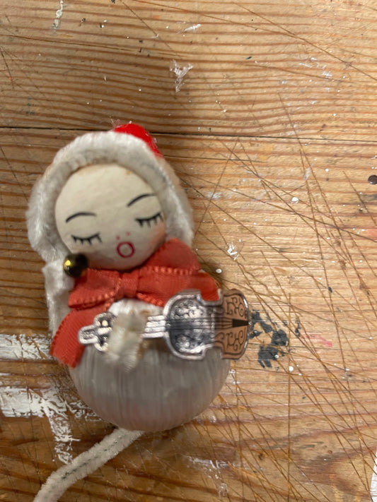 Vintage Silk Thread Violin Girl Ornament – Mid-Century Christmas Decoration