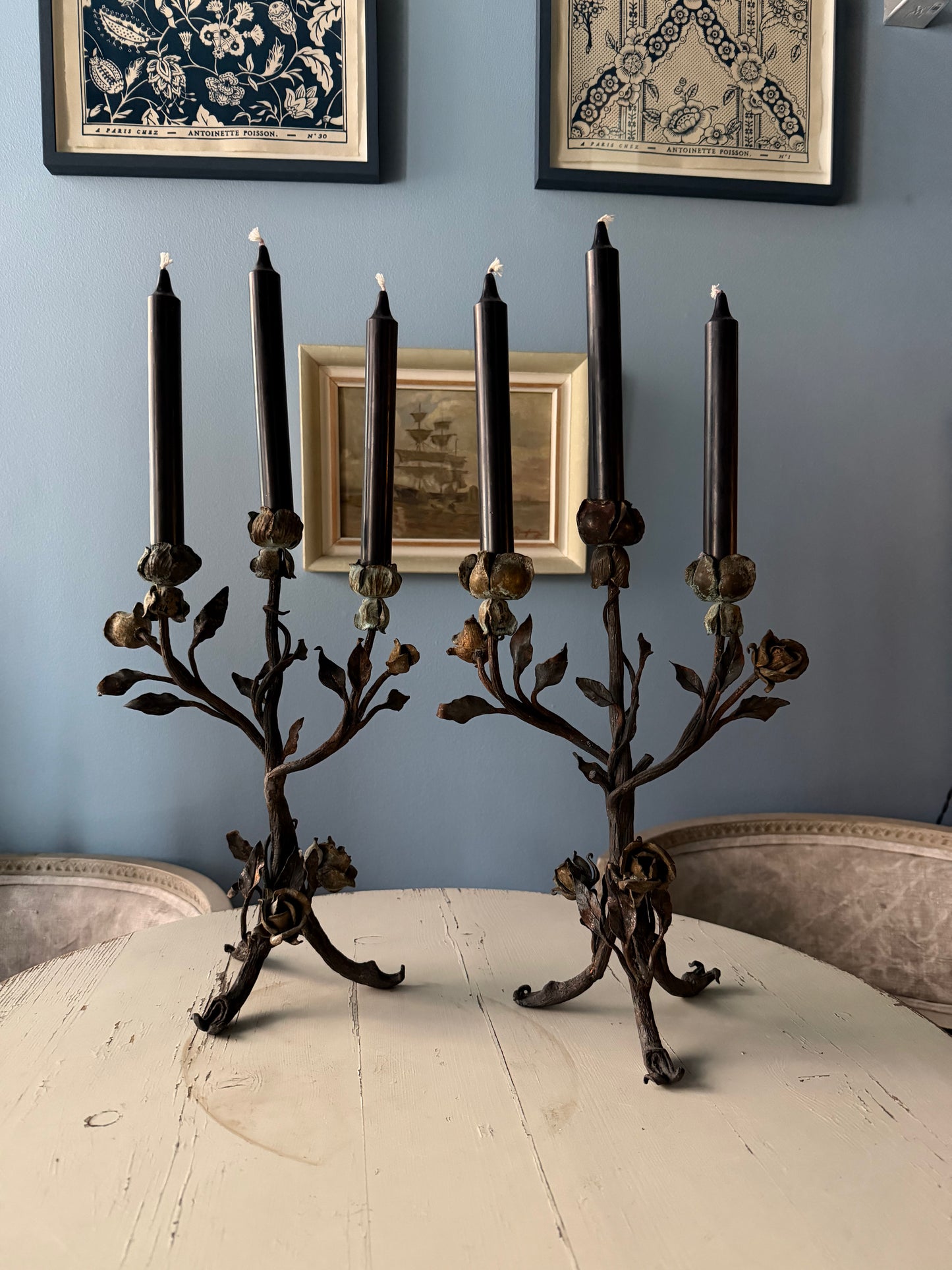 19th Century French Wrought Iron Rose Candlesticks, Pair